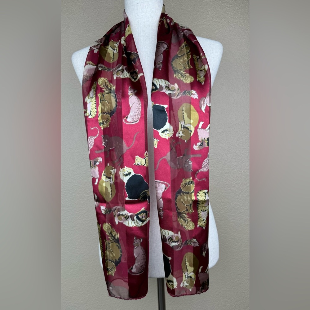 Cat Lover Scarf. No brand. Burgandy color with various cats throughout. One size
